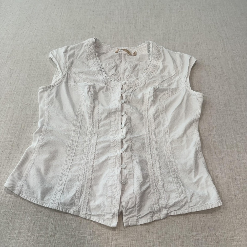 Soft Surroundings Blouse Womens Large White Embroidered Button Front Cap Sleeve